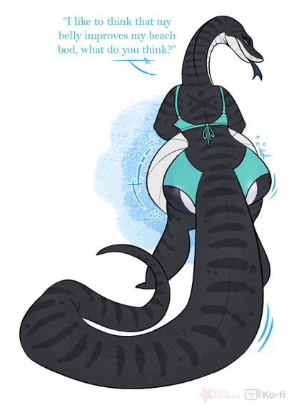 A black anthropomorphic snake with a white belly has their back turned to the viewer. Their belly is swollen and making noises, while they wiggle their tail. They are saying to the viewer: "I like to think that my belly improves my beach bod, what do you think?"