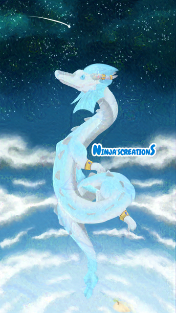 Image 1: A long, light blue, noodle dragon coiling above earth into space with a shooting star close by. Image 2: The same white and light blue noodle dragon ascending into the sky with an island shrinking in the distance.
