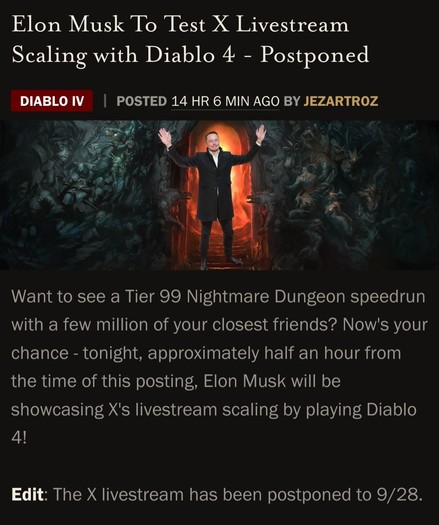 Elon shitty Musk playing one of my favorite franchises, Diablo, why are they catering to this fucking fascist