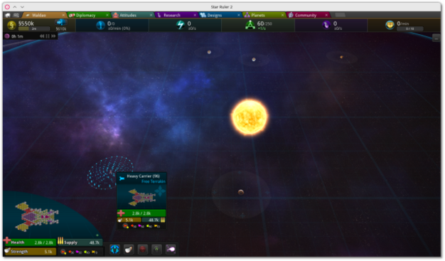 A view of the UI, with a strategic view of the galaxy in progress on the main section (zooming in gives a detailed 3D view of the ships), with the sun in the center, and the player's fleet at startup on the bottom left. At the top, the various tabs providing access to a wide range of menus. At bottom left, a view of the selected ship, showing figuratively its equipment and characteristics.

Star Ruler 2 is a libre (freed - 100%, code and assets, by Blind Mind Studios) and multi-platform 4X/RTS space game whose objective is the colonization and the galactic domination, in a massive, proceduraly generated universe, whose size is limited only by the power of the PC. The player designs his ships and evolves them to defend his territory, and exploit the resources of the asteroids. The fate of your empire depends on your ability to control the economy, build an army, influence galactic politics and adapt. Open Star Ruler is the libre (and sleepy) continuation of Star Ruler 2. Please maintain this superb project and publish deliverables in Flatpak and AppImage formats that the libre software community can easily install.