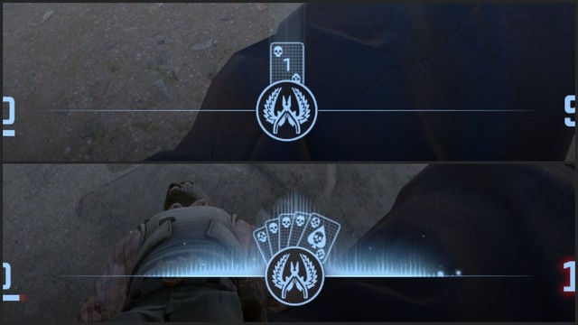 Two images of the Counter strike 2 UI, the top showing a single blue playing card in the middle of the bottom of the screen, the bottom pic showing a full hand of 5 cards