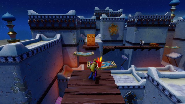 Coco Bandicoot spots six crates in the distance with only two magic carpets to grant entry.