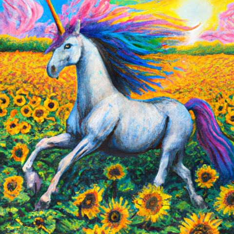 A majestic unicorn with rainbow-colored mane galloping through a field of sunflowers at sunset, painted in the style of Vincent van Gogh.