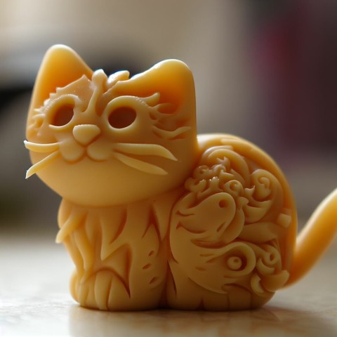 Cute cat made of cheese, this cat has intricate and detailed carvings that assimilate his fur and tail, He is on the kitchen counter.(Create by Bing Image Creator)