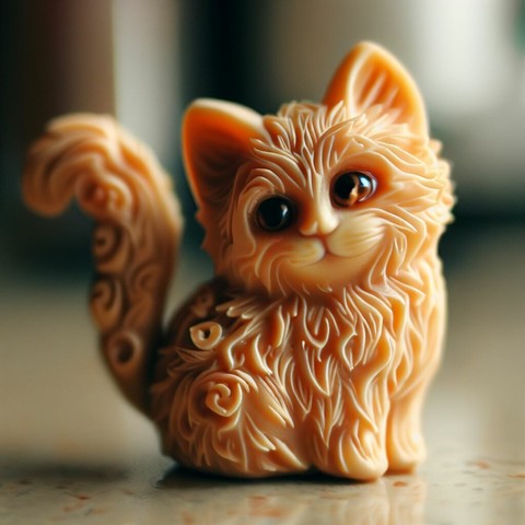 Cute cat made of cheese, this cat has intricate and detailed carvings that assimilate his fur and tail, He is on the kitchen counter.(Create by Bing Image Creator)
