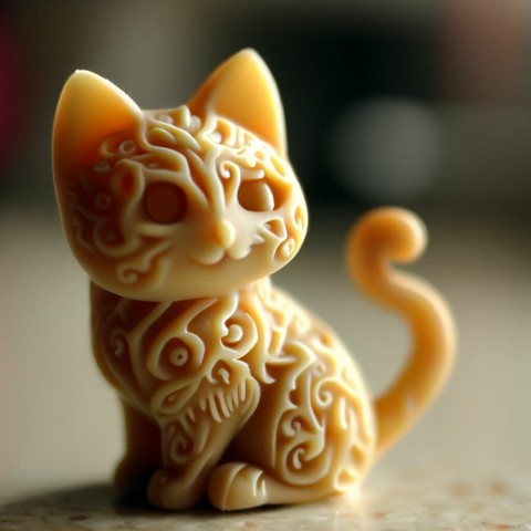 Cute cat made of cheese, this cat has intricate and detailed carvings that assimilate his fur and tail, He is on the kitchen counter.(Create by Bing Image Creator)