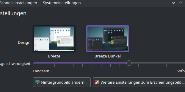 A screenshot of the KDE Plasma Settings application where you can see the quicksettings. The settings for switching the theme with the pre-defined Breeze and Breeze Dark themes are in focus.