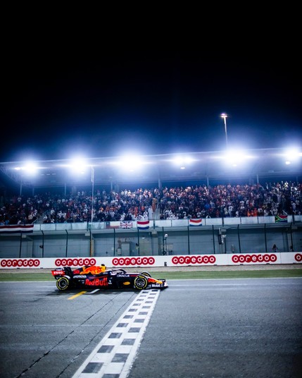 Max Verstappen crosses the finish line in second place at the Qatar Grand Prix in 2021