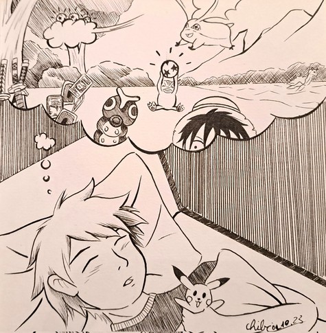 Liner/ Tusche Zeichnung eines schlafenden Jungen im unteren Bildabschnitt. Oben ist eine Traumblase zu sehen, in der verschiedene Charaktere und GegenstÃ¤nde aus Animes der 00er Jahre zu sehen sind.