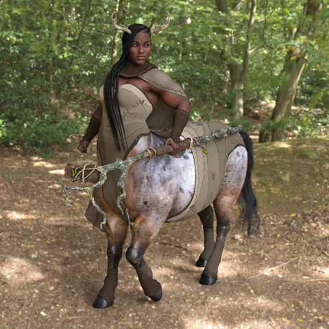 3D render of a black female centaur weaing a fantasy druid outfit made up of a bodysuit, cloak and shin/arm guards.