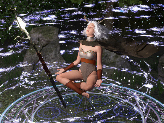 3D render of a female druid floating crosslegged in the middle of a stone circle with magical particles flying around.