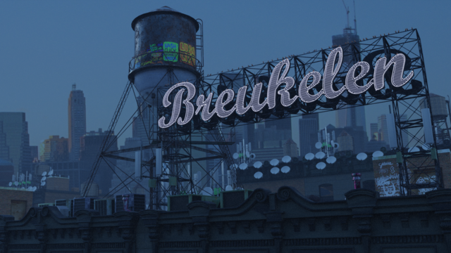 Render of a rooftop scene in Brooklyn. There is a large neon sign reading "Breukelen" and a graffiti-covered water tower in the foreground.
