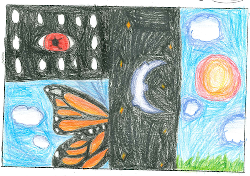a flag drawn in crayon or colored pencil showing a red eye, a butterfly wing, moon and stars, and sunny day