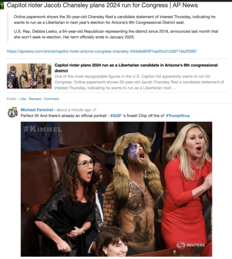 Screenshot of a post: 

News story headline (AP News):
"Capitol rioter Jacob Chansley plans 2024 run for Congress"

Image of thumbnail link to article: "Capitol rioter plans 2024 run as a Libertarian candidate in Arizona's 8th Congressional district"

Lastly a photo of 3 howling MAGATs in House seats, Boebert, The Q shaman, and MTG