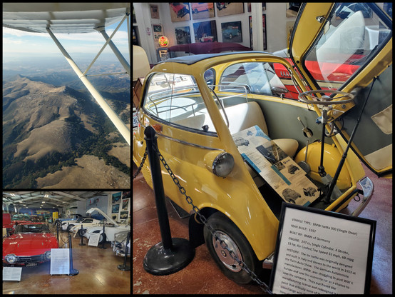Flight back over Fremont Peak and two shots of Estrella Warbirds museum car collection. The 1967 Toyota GT2000 was amazing, so ahead of its time, they had a gull-wing Mercedes of similar vintage and the Toyota looked 10 years ahead of its time. Saw the BMW Isetta, up-close for the first time - didn't feel as sketchy in person as I thought.