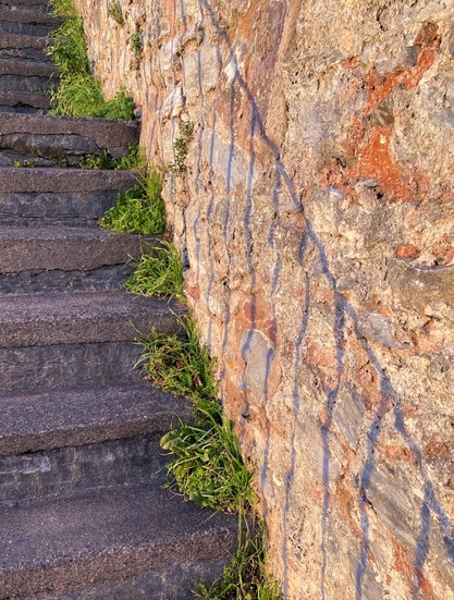 Looking at a set of outdoor stairs. The stairs are dark stone with grass growing on the edges. The wall is light red orange stone. On the wall is a shadow of the hand rail so perfect it looks like there is a hand rail imbedded in the wall.