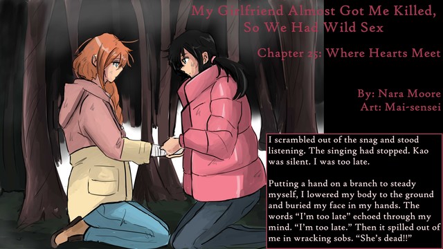 A dark haired girl is bandaging a red headed woman's hands. they are kneeling in a dismal forest.

Titles and text as in post