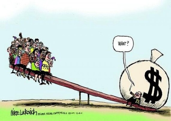 Political cartoon by Mike Lukovich, showing a very large number of people standing and sitting on one end of a seesaw, while on the other end of the seesaw is only one person, a wealthy middle-aged man smoking a cigar, but with a huge bag of money by his side which far outweighs everyone else on the other end of the seesaw.