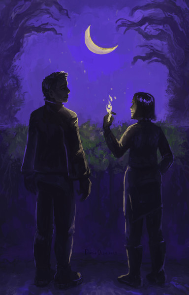 Nighttime garden scene. There are a lot of purple hues, waning crescent moon in the sky, hand-like trees. Two people stand in front the bushes and look at the bright light emerging from the right figure hand