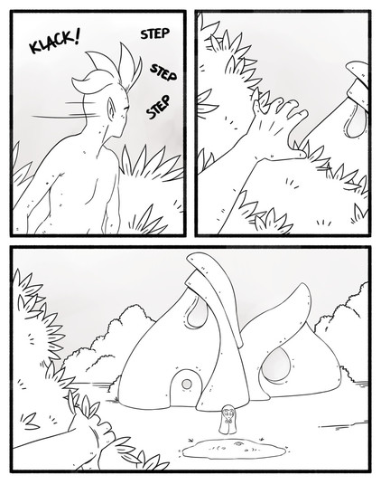 Panel 1. Curio who just fell out of the sky and landed in a bush, hears the sound of a door behind them and foots steps. They turn to look. Panel 2. Curio reaches out to pull the bush back. We can see the stop of a structure in the distance. Panel 3. With the bush pulled away we can see two cone shape buildings with a small person wearing a cloak standing over a pond.