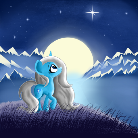 A young unicorn pony looks up into the starlit sky at a bright point of light, wonder in her eyes. The moon shines brightly over a mist filled valley ringed with mountains as the pony stands on a grassy outcropping. A single bright star stands out over the night sky, drawing the eye of the viewer and the pony alike.