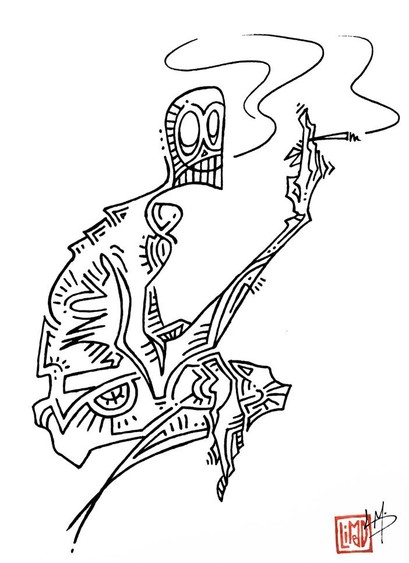 Drawing of a crounched character and smocking in an abstract style. No color add.