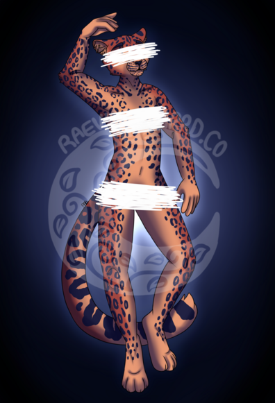 a gracefully posed blue and orange jaguar, legs extended holding one hand up above their head with their eyes, chest, and crotch blocked out