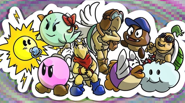 Dessin coloré des neuf personnages jouables comme compagnes et compagnons dans Paper Mario 64.