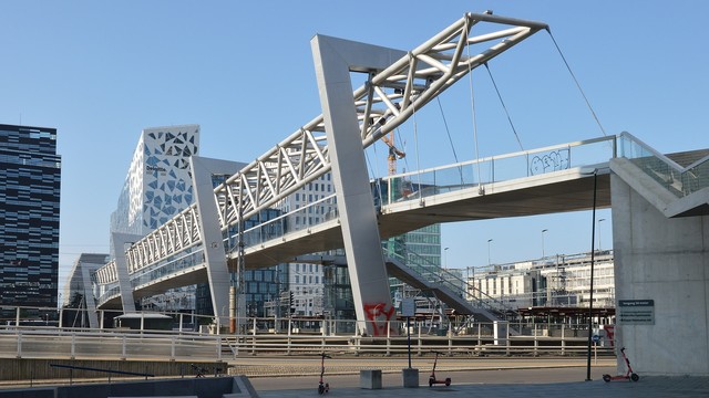 A photo of a large pedestrian bridge over many train tracks.