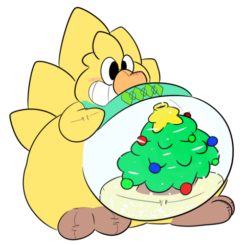Same as the previous image, however now Zai's penis has become a rubber Christmas tree and is spewing out snow(?) inside his belly like a snow globe.