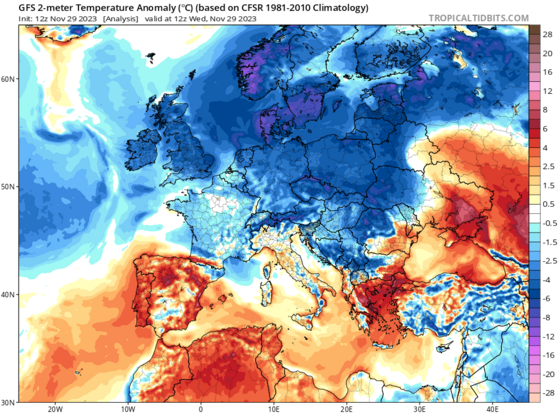 Analyse des anomalies de tempÃ©rature de surface de cet aprÃ¨s-midi en Europe.