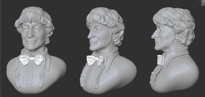 A WIP realistic 3d bust of the Third Doctor (Jon Pertwee) seen from almost-front view, 3/4ish and side view.