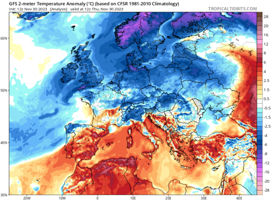 Analyse des anomalies de tempÃ©rature de surface de cet aprÃ¨s-midi en Europe.