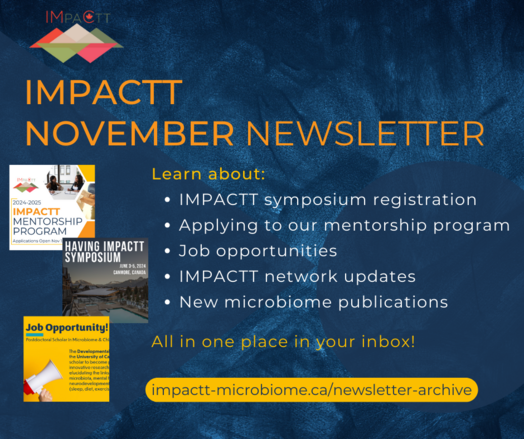 A dark blue background with the IMPACTT logo in the top left corner. The heading is in orange and reads "IMPACTT NOVEMBER NEWSLETTER". Three overlapping images appear down the left side, with yellow and white writing on the right that reads: "Learn about: IMPACTT symposium registration; Applying to our mentorship program; Job opportunities; IMPACTT network updates; New microbiome publications; All in one place in your inbox! impactt-microbiome.ca/newsletter-archive"