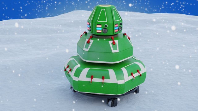 Maintenance bot in a xmas tree paint job, out in the snow