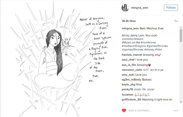 Ming-Na Wen re-posting Jenny Lam's mashup doodle of Mulan on the Iron Throne (Game of Thrones) as the true Queen of Dragons in 2016