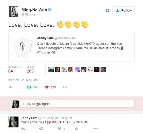 Ming-Na Wen quote retweeting Jenny Lam's mashup doodle of Mulan on the Iron Throne (Game of Thrones) as the true Queen of Dragons in 2016