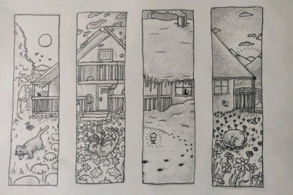 it is a tetraptych showing a black cat through the seasons at a cabin near the mountains. each panel shows a time of day, and a season, for which the cat is present.