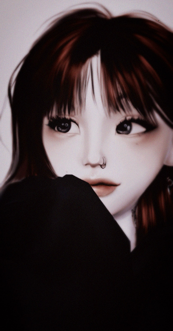 Retouched image of a feminine presenting Zepeto avatar with dyed red hair, a nose ring, and a hoodie, gazing thoughtfully to the middle left.