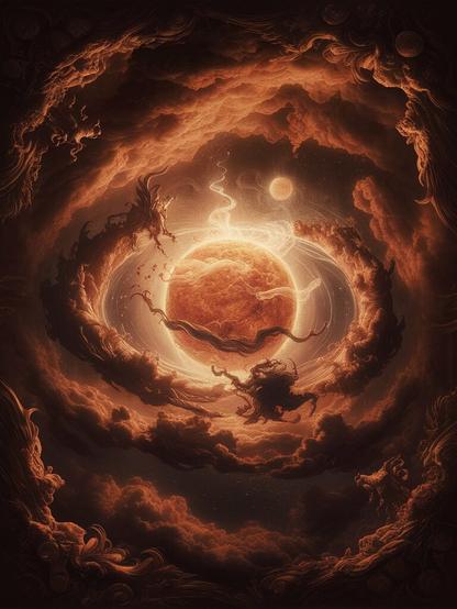 ①« Generated by ideogramai »
(Digital Art, Illustration: Birth of the Sun), a nebula became the Sun. A baroque-style illustration with a mythological motif. The Sun is born from the nebula.
