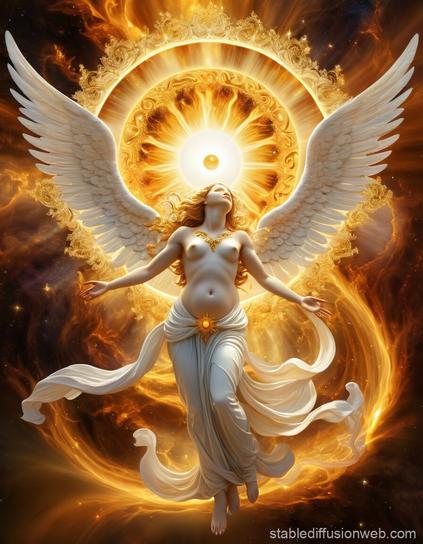 ③«Generated by StableDiffusionOnline»
This mesmerizing digital art illustration depicts the birth of the Sun from a celestial nebula. In this mythical scene, the nebula takes the form of a glowing white angel, holding the baby Sun. Baroque artistry is apparent in the intricate details and sumptuous color palette, with gold and warm tones dominating the image. The Sun is surrounded by mythical creatures, celestial bodies, and swirling cosmic matter, evoking a sense of awe and wonder.