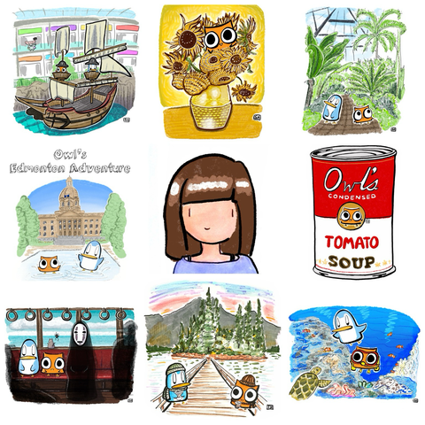 A recap of a year in art featuring a cartoon owl and penguin