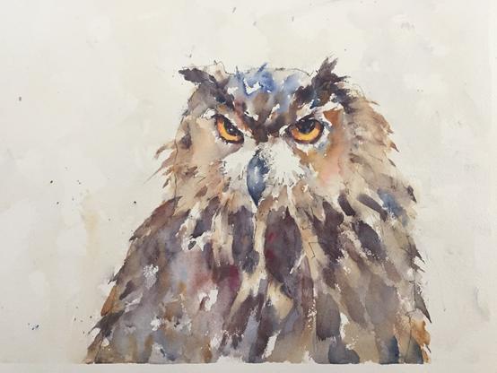 Loose watercolor painting of a horned owl