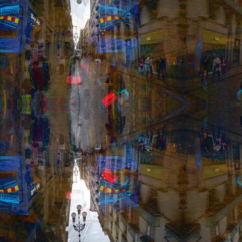 Barcelona digital edited layered/mirrored triple exposure raw street photography, made with the GNU Image Manipulation Program and XnView.