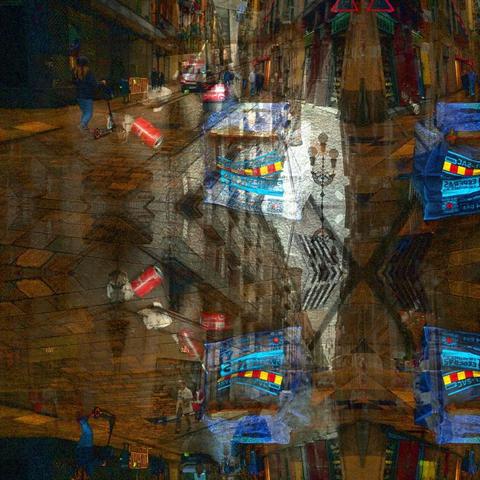 Barcelona digital edited layered/mirrored triple exposure raw street photography, made with the GNU Image Manipulation Program and XnView.