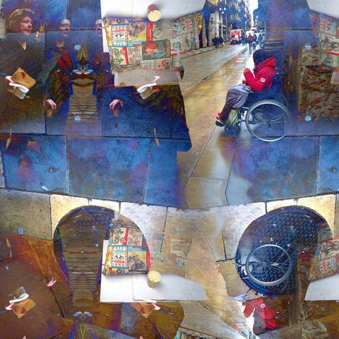 Barcelona digital edited layered/mirrored triple exposure raw street photography, made with the GNU Image Manipulation Program and XnView.