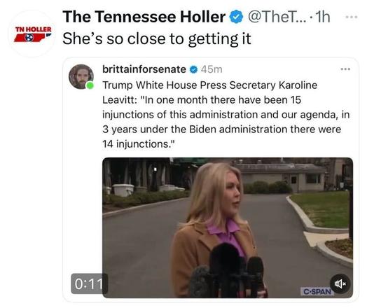 X post by The Tennessee Holler (@TheT
...), posted 1 hour ago, featuring a verification badge and a logo with the Tennessee state outline and "TN HOLLER." The text reads, "She's so close to getting it," accompanied by a quoted post from brittainforsenate (@brittainforsenate), posted 45 minutes ago. The quoted text states, "Trump White House Press Secretary Karoline Leavitt: 'In one month there have been 15 injunctions of this administration and our agenda, in 3 years under the Biden administration there were 14 injunctions.'" The attached image is a still from a C-SPAN broadcast showing a woman, identified as Karoline Leavitt, speaking to microphones outdoors in front of a building with a curved driveway and greenery