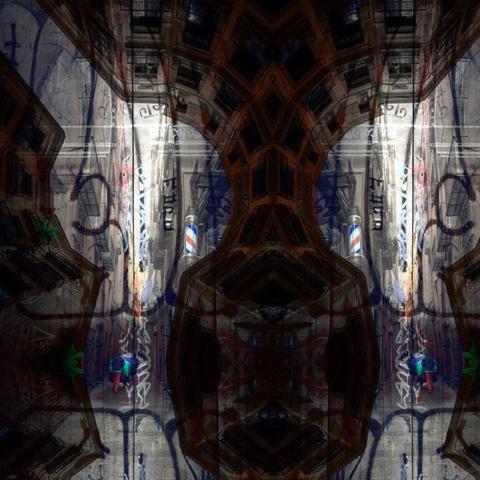 Barcelona digital edited layered/mirrored triple exposure raw street photography, made with the GNU Image Manipulation Program and Gwenview.