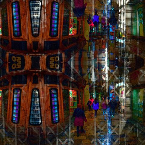 Barcelona digital edited layered/mirrored triple exposure raw street photography, made with the GNU Image Manipulation Program and Gwenview.