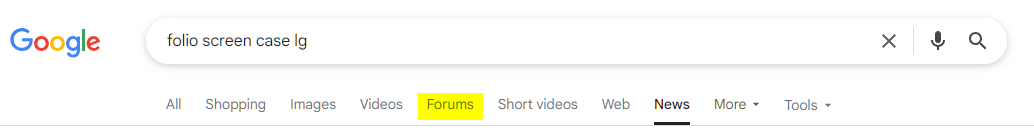 A snippet of Google's search page, highlighting a dedicated area for forums.